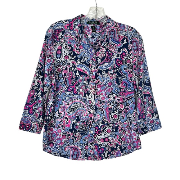 Lauren Ralph Lauren Paisley and Floral Button Down Cotton Top - Picture 1 of 11